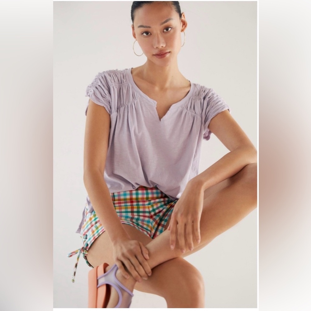 Pilcro Lavender Smocked Short Sleeve V-Neck Top